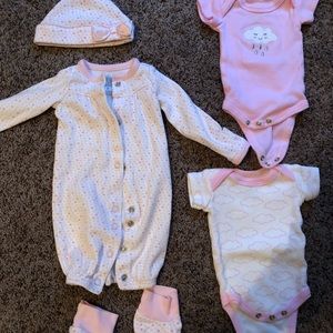 Preemie gown set with 2 onesies